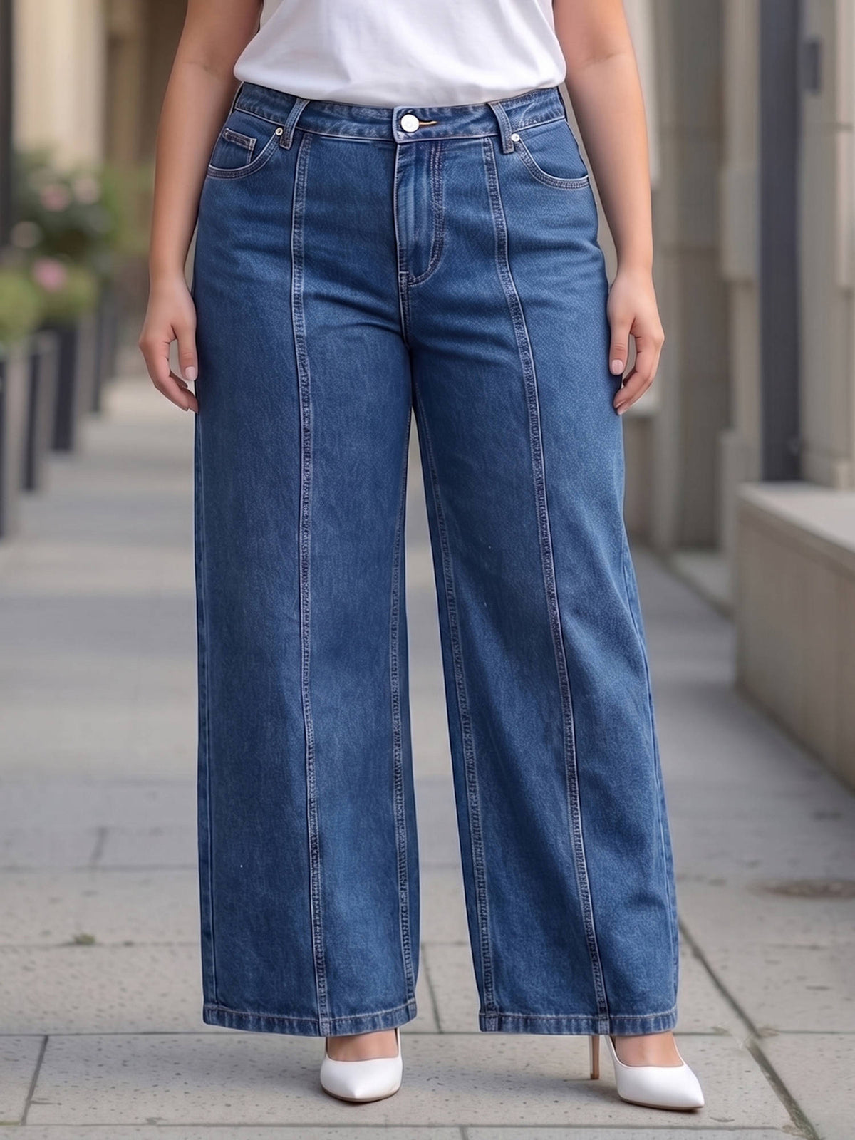 Women Plus Size Mid Blue Wide Leg High Rise Stretchable Jeans | WL90 - view 4