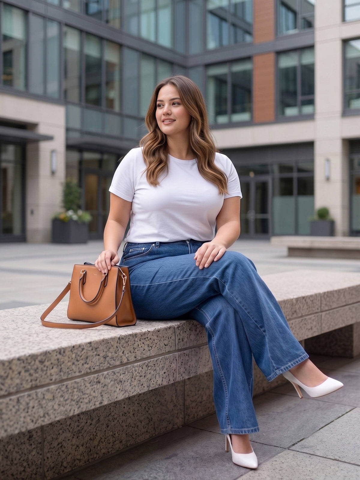 Women Plus Size Mid Blue Wide Leg High Rise Stretchable Jeans | WL90 - view 5
