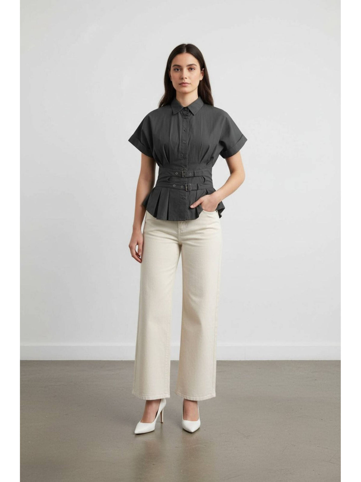 Green Women Solid Cotton Waist Belt Peplum Shirt | S67 - view 2
