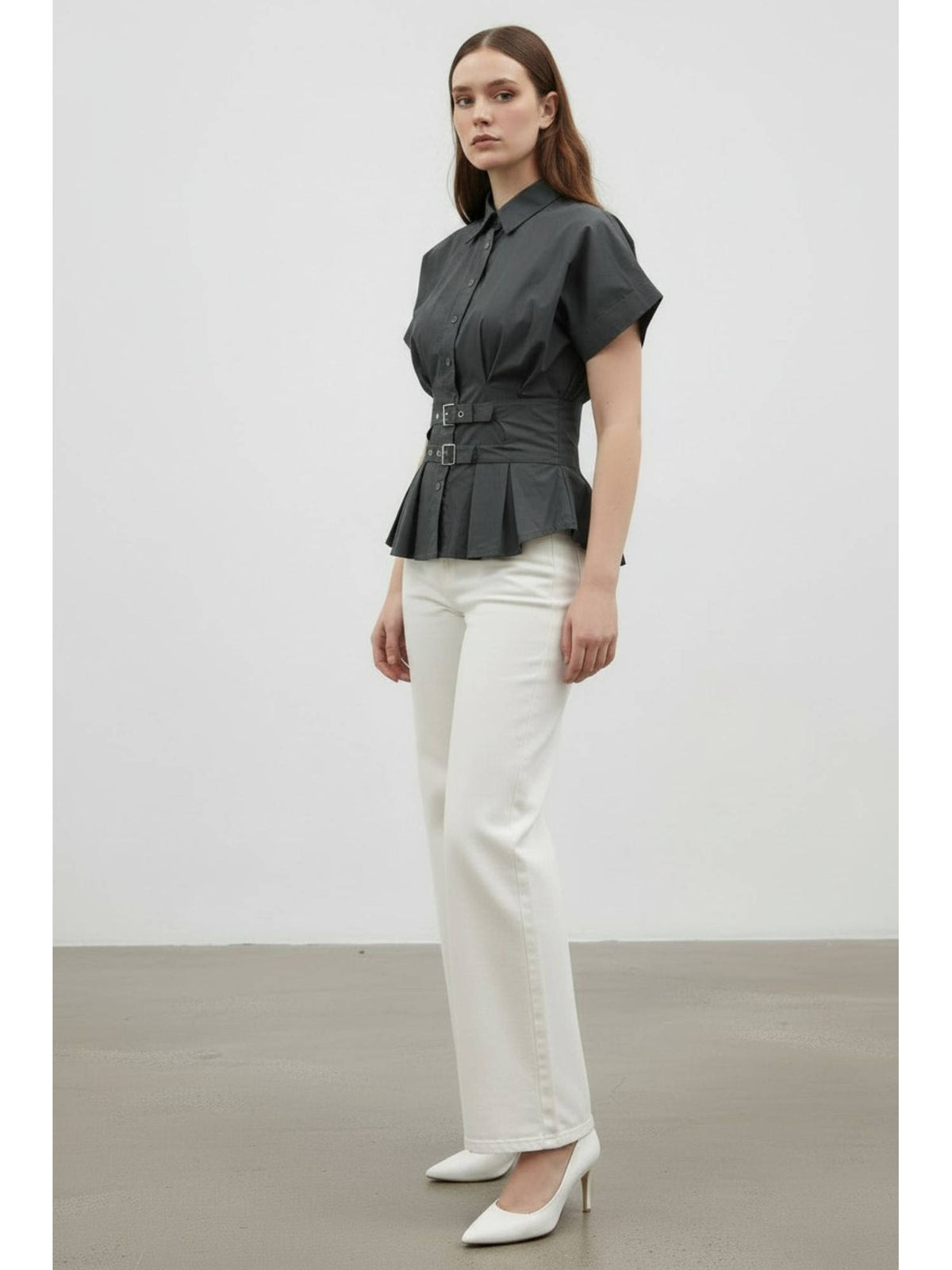 Green Women Solid Cotton Waist Belt Peplum Shirt | S67 - view 3