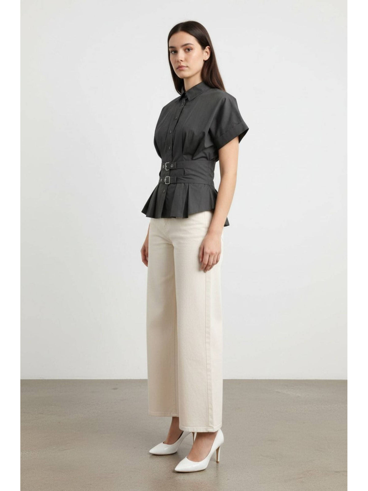Green Women Solid Cotton Waist Belt Peplum Shirt | S67 - view 4