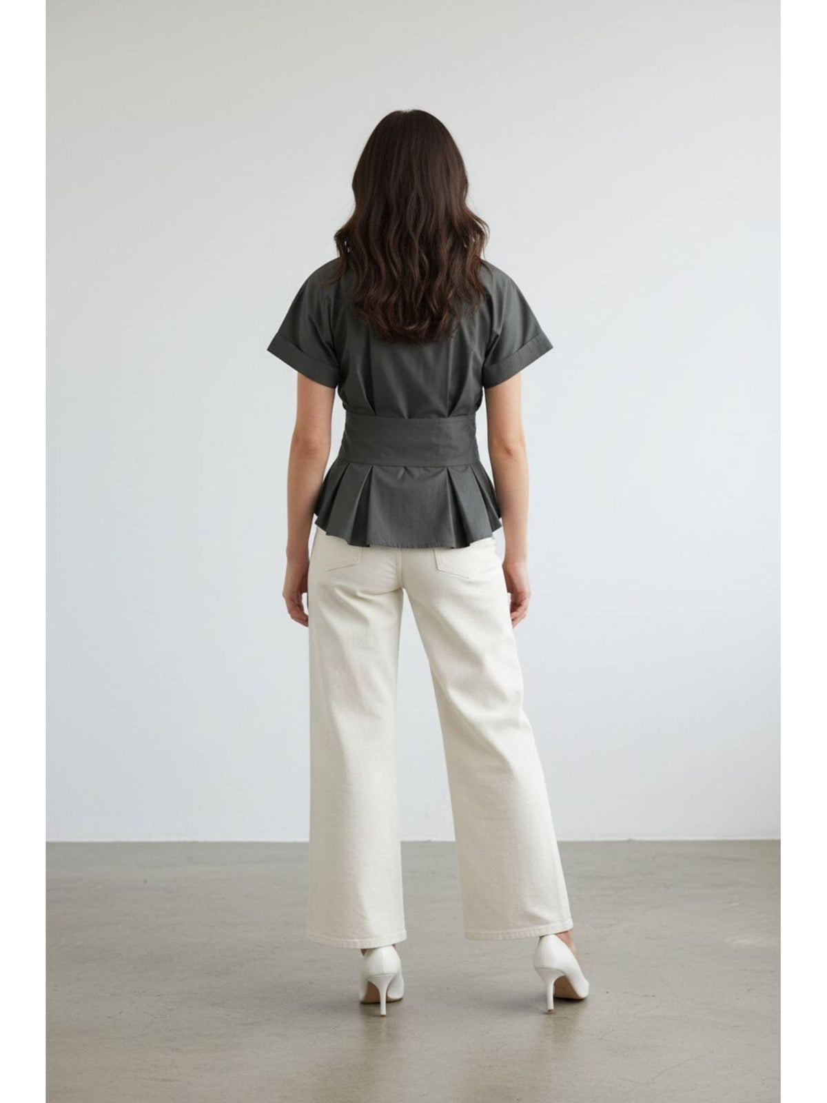 Green Women Solid Cotton Waist Belt Peplum Shirt | S67 - view 5
