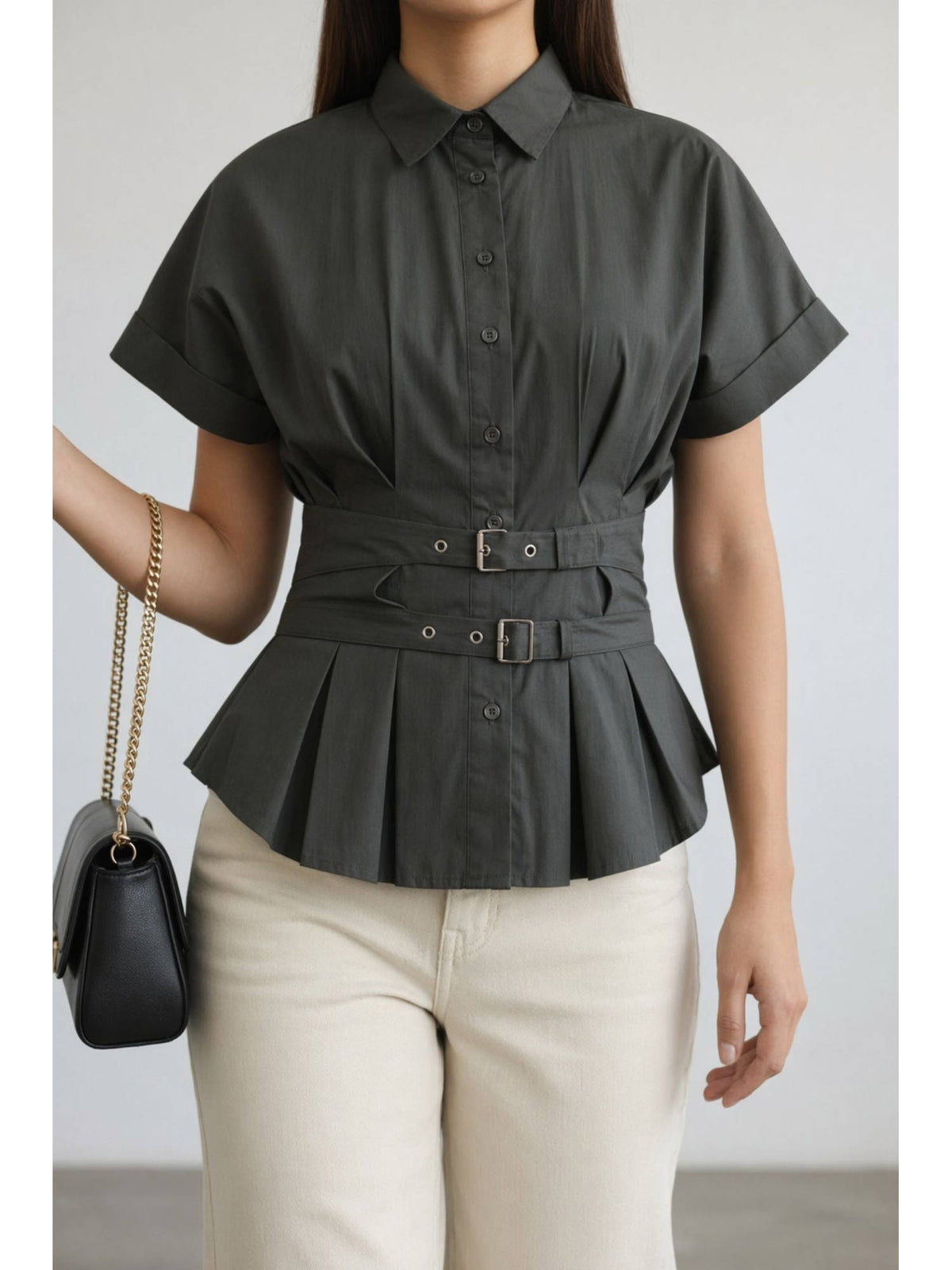 Green Women Solid Cotton Waist Belt Peplum Shirt | S67 - view 1