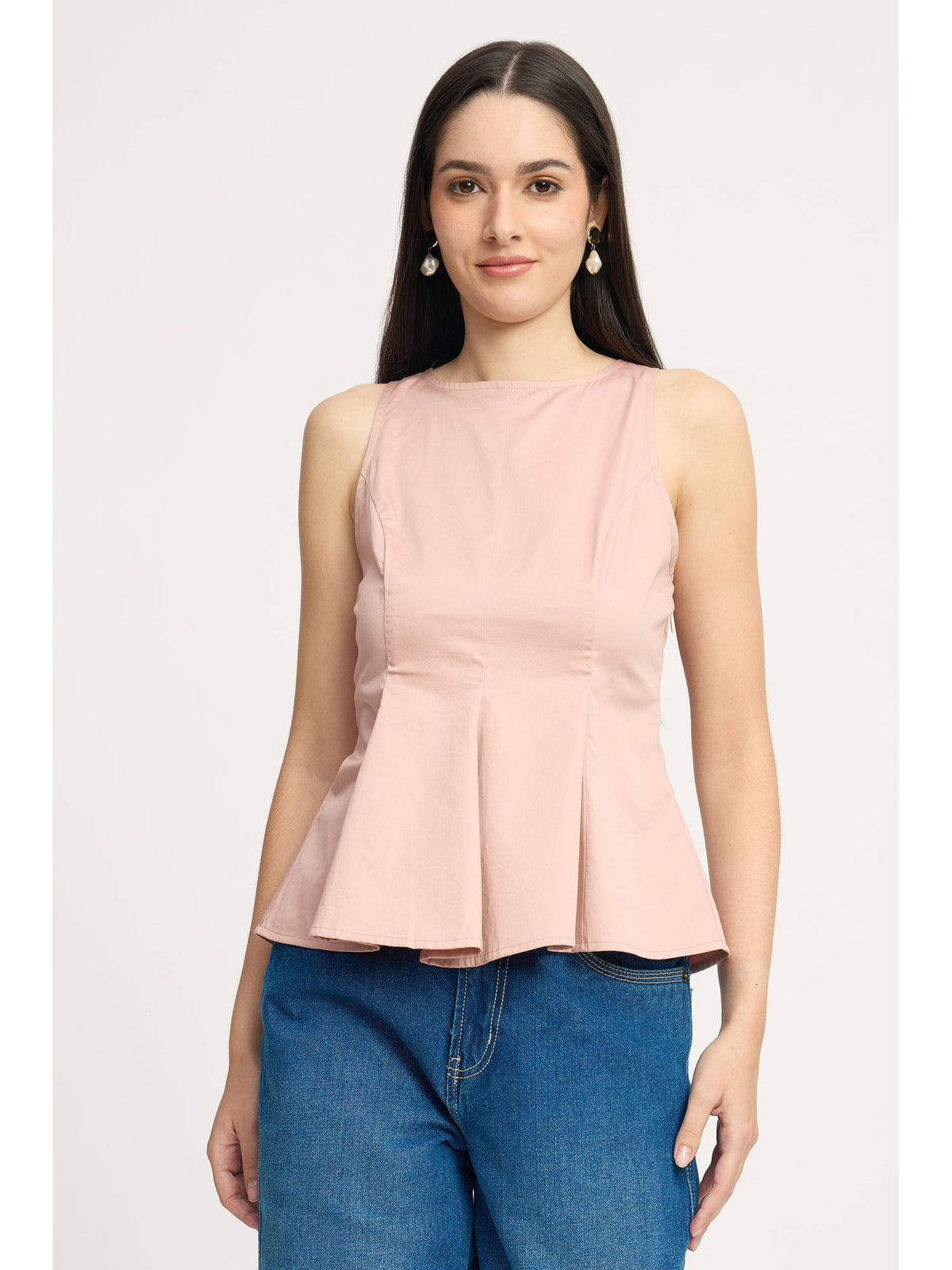 Pink Women Solid Cotton Sleeveless Fitted Peplum Top | pt51 - view 1
