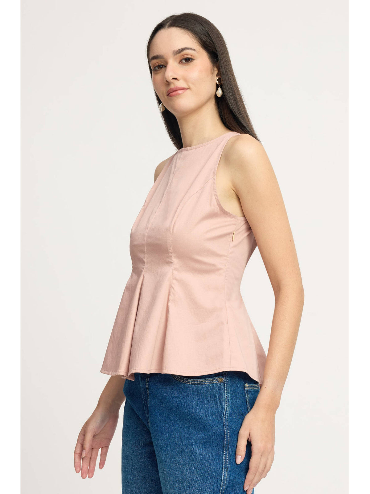 Pink Women Solid Cotton Sleeveless Fitted Peplum Top | pt51 - view 3