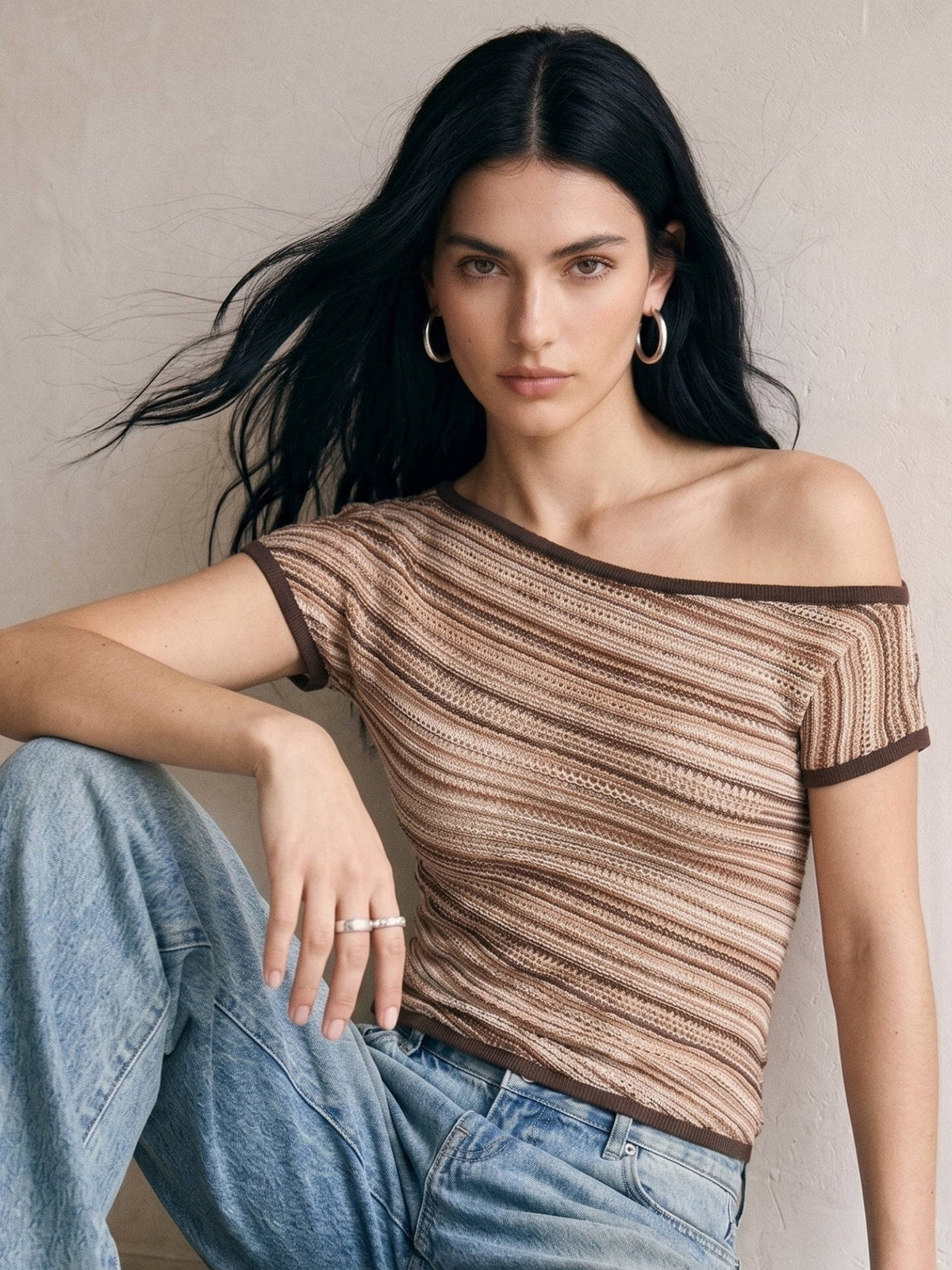 Beige Striped One Shoulder Crop Top | CT61 - view 2