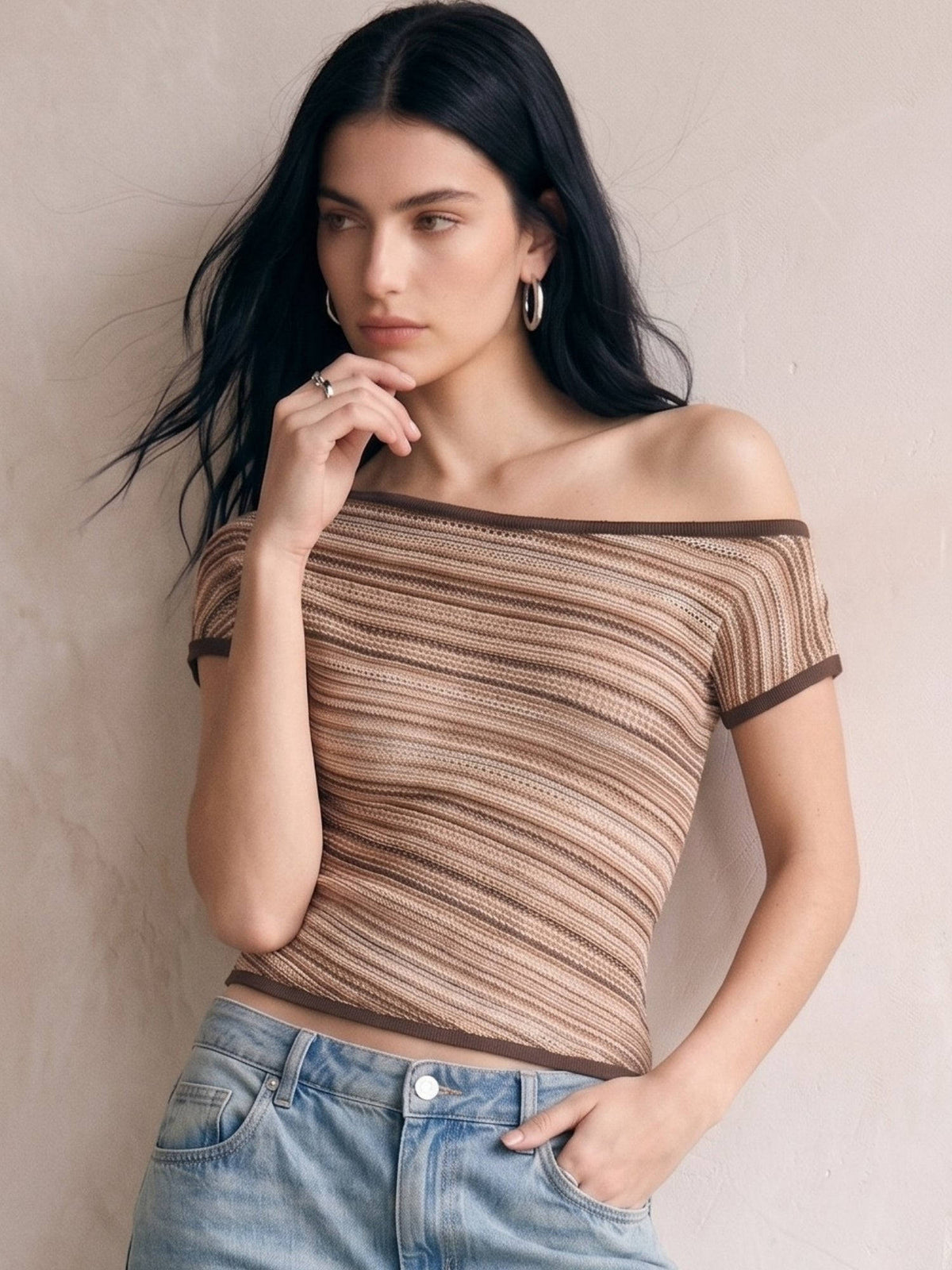 Beige Striped One Shoulder Crop Top | CT61 - view 3