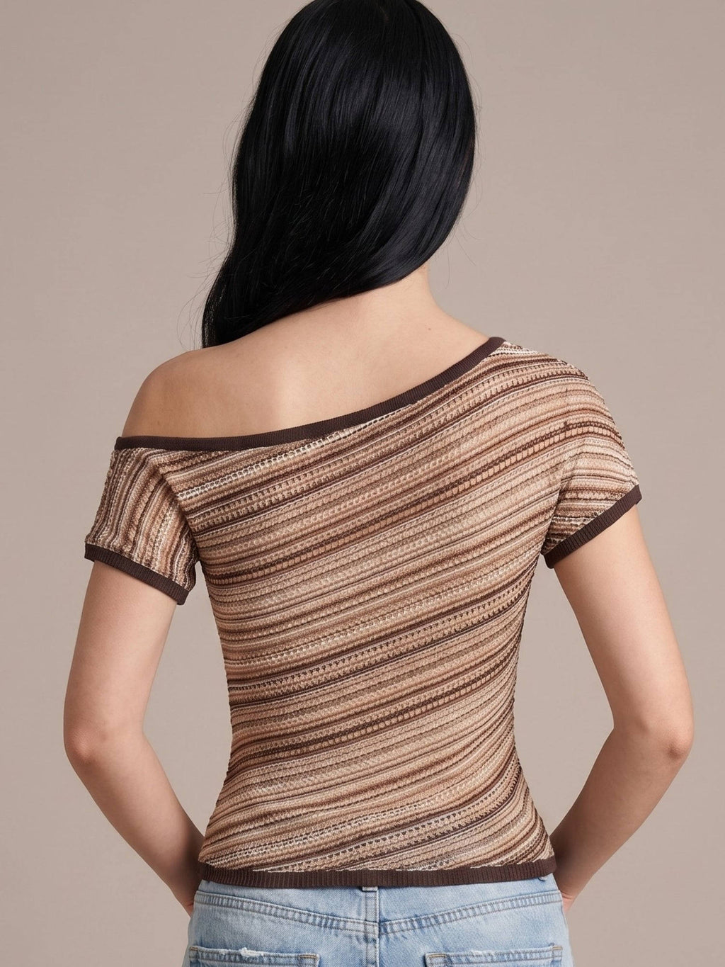 Beige Striped One Shoulder Crop Top | CT61 - view 5