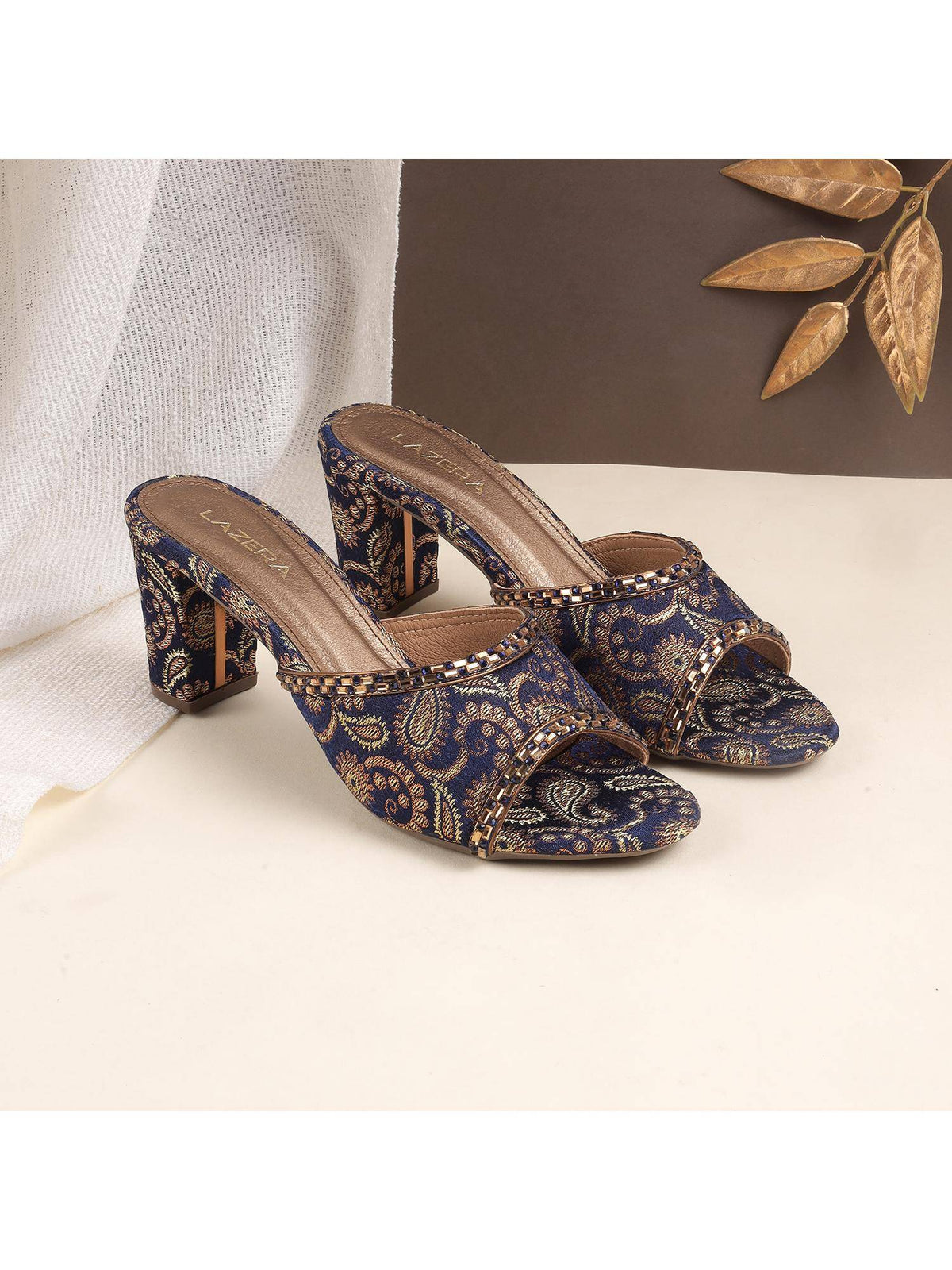 Women Navy Blue Brocade Block Heels | H78 - view 1