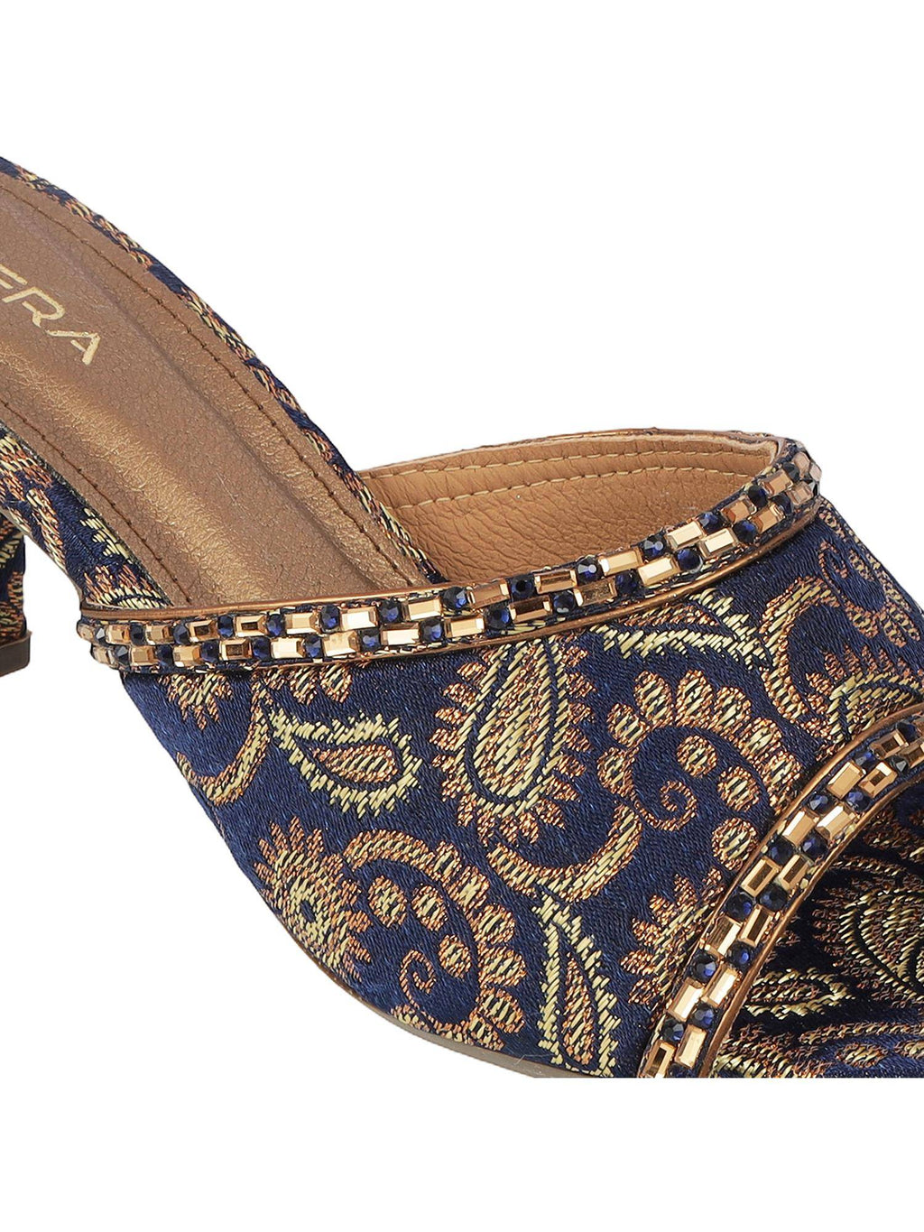 Women Navy Blue Brocade Block Heels | H78 - view 2
