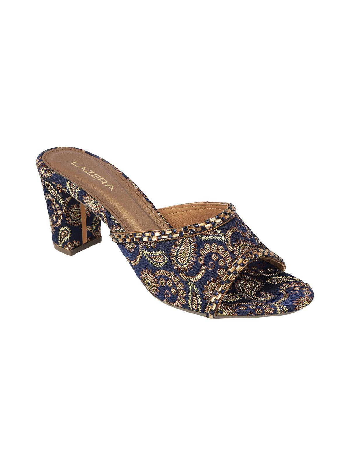 Women Navy Blue Brocade Block Heels | H78 - view 3