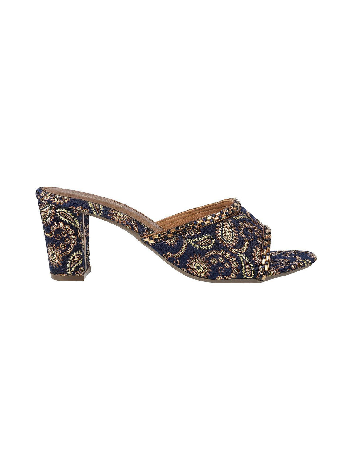 Women Navy Blue Brocade Block Heels | H78 - view 4