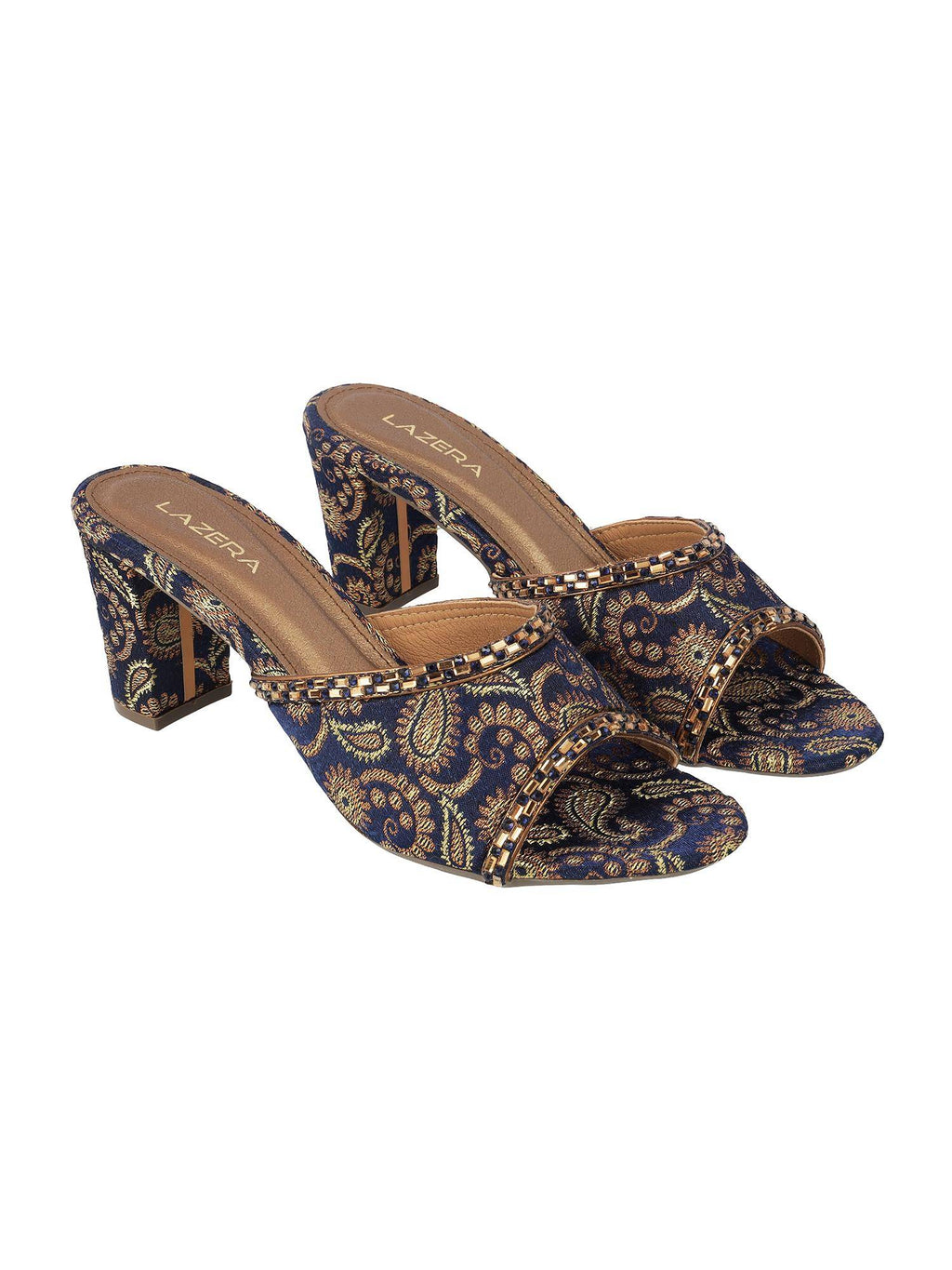 Women Navy Blue Brocade Block Heels | H78 - view 6