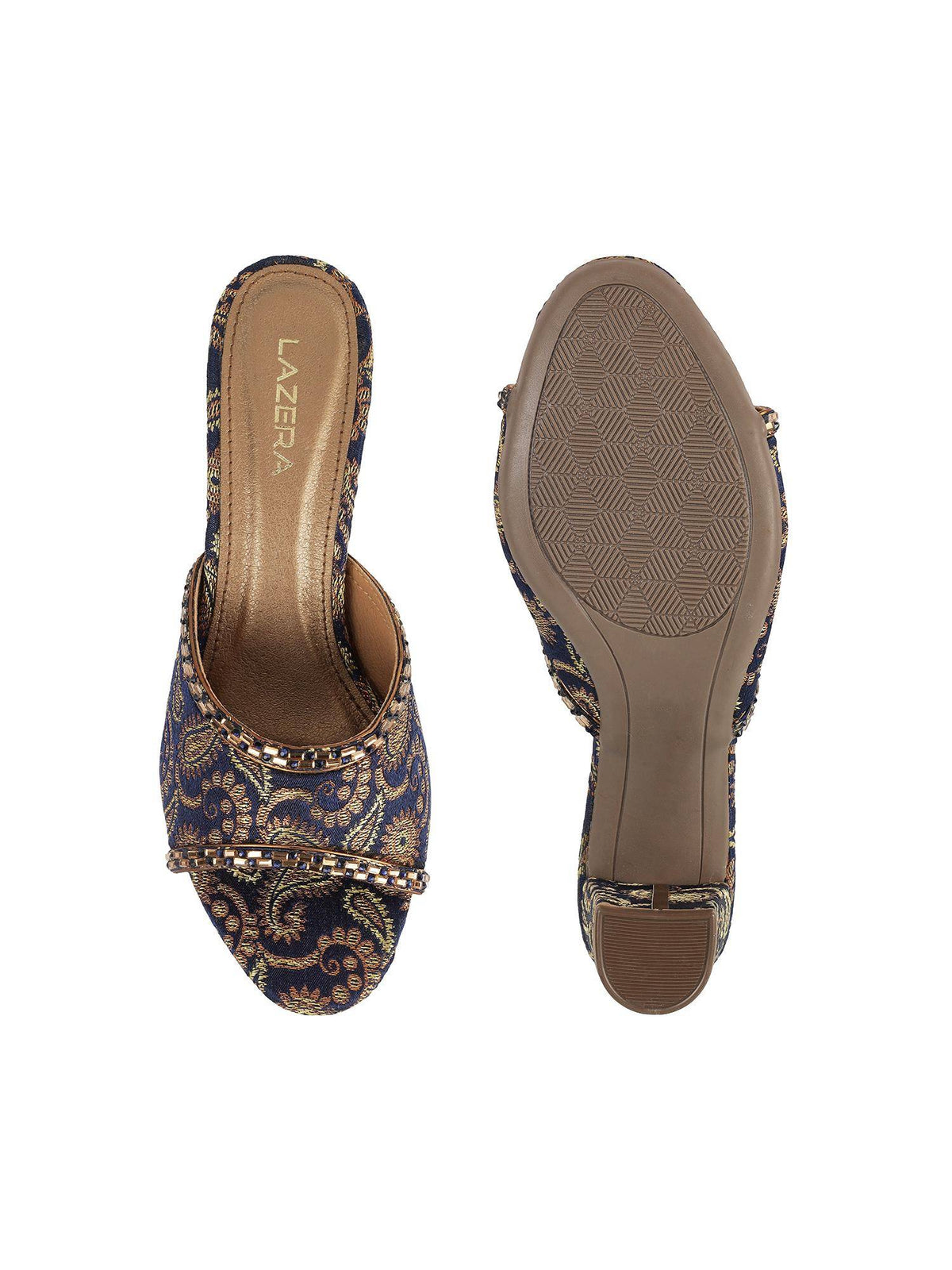 Women Navy Blue Brocade Block Heels | H78 - view 7