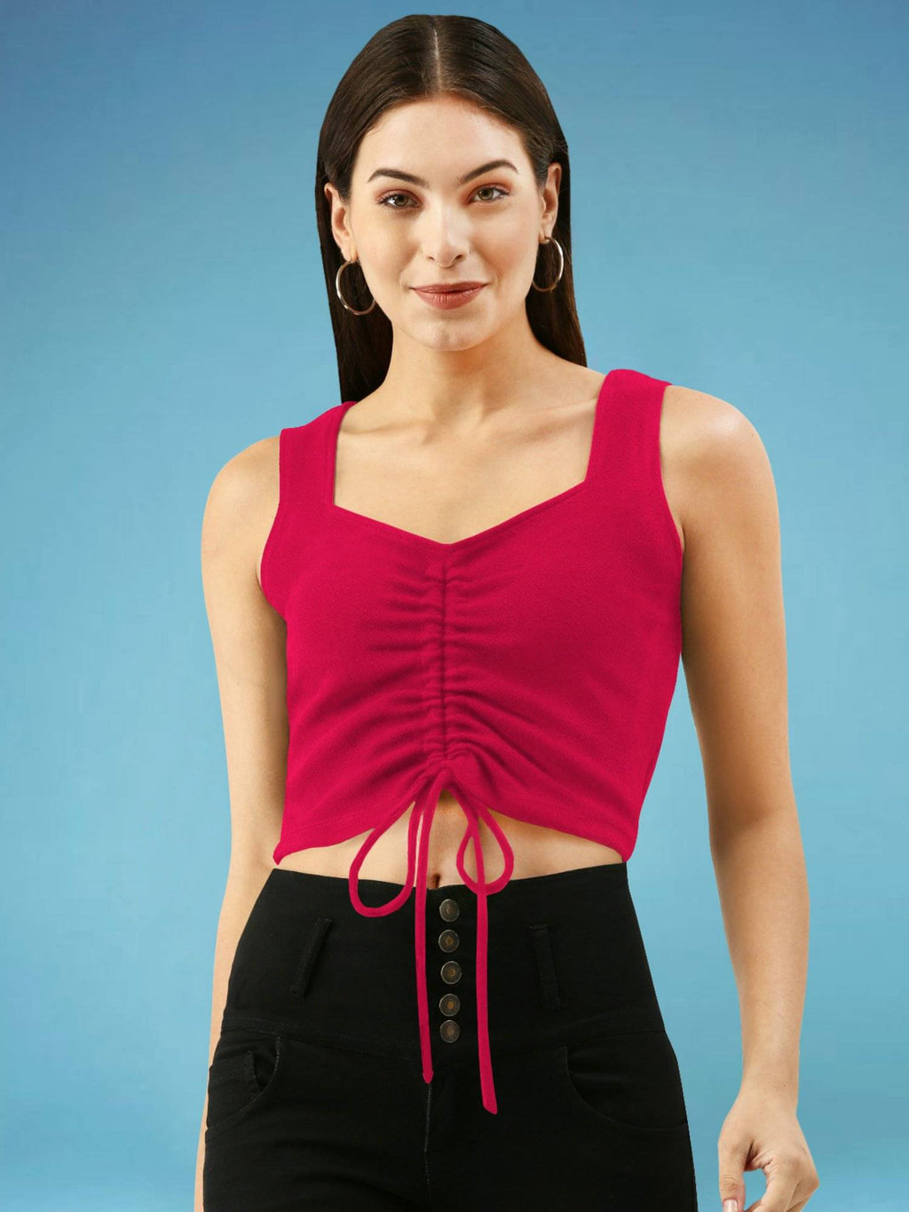 Women Fuchsia Pink Drawstring Crop Top | CT61 - view 1