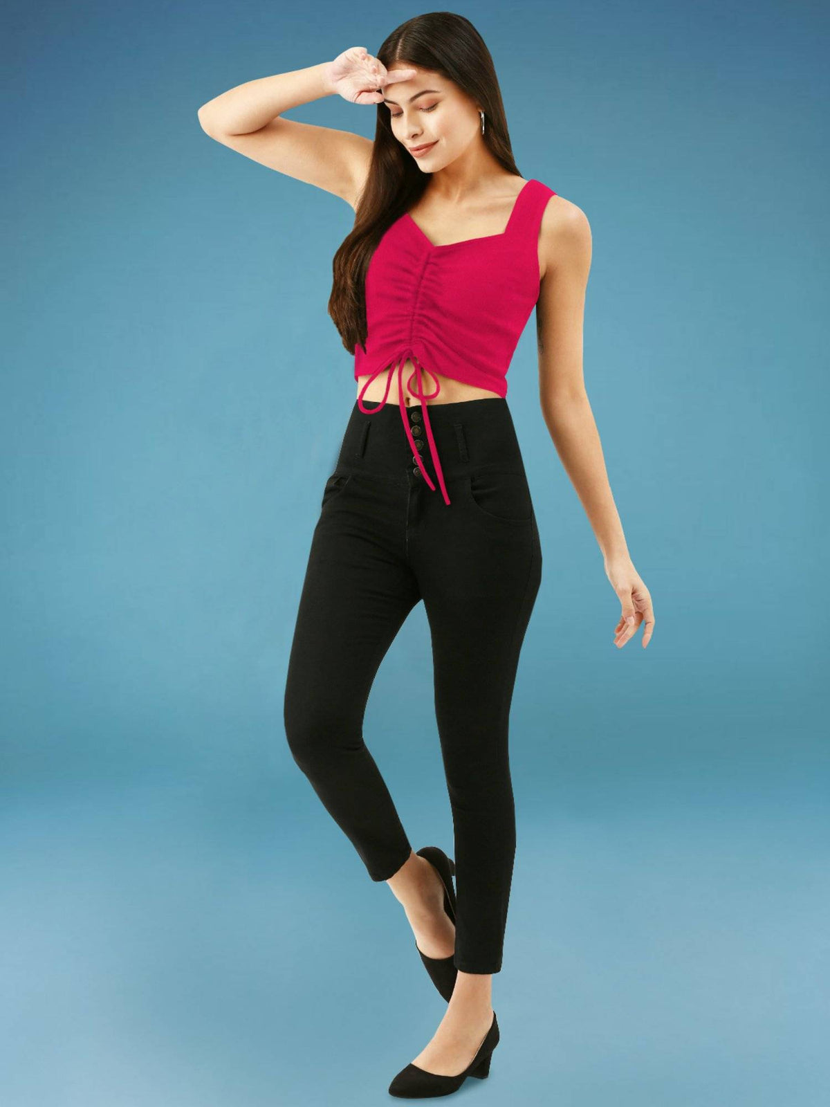 Women Fuchsia Pink Drawstring Crop Top | CT61 - view 2