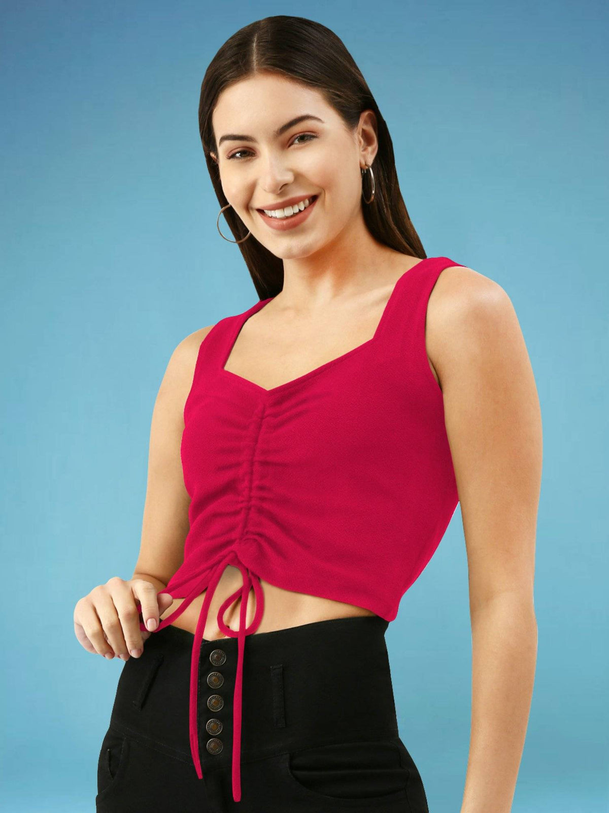 Women Fuchsia Pink Drawstring Crop Top | CT61 - view 4