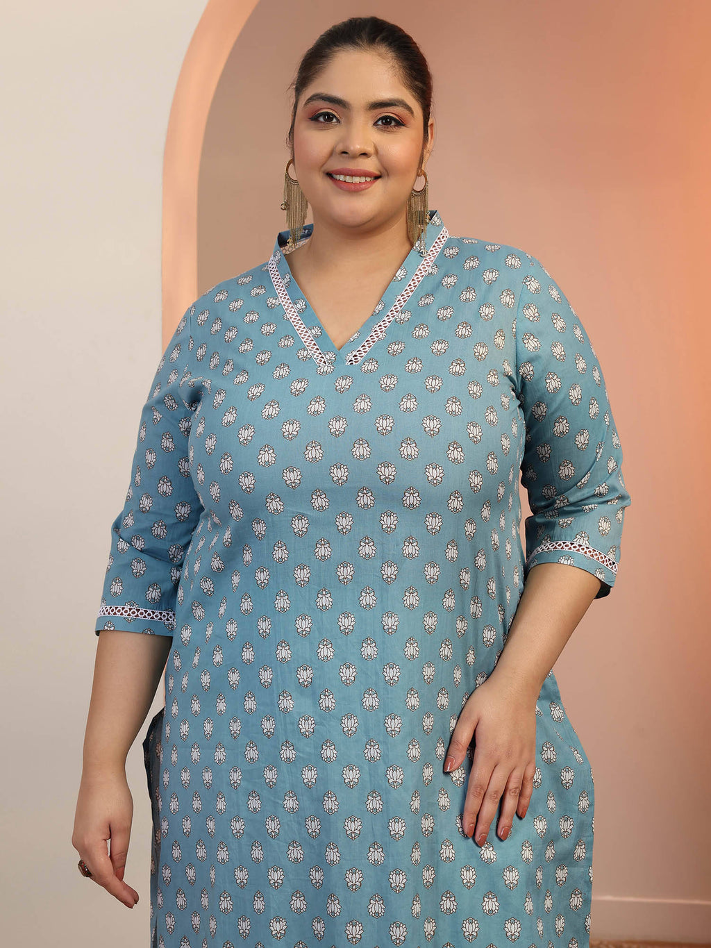 Plus Size Women Plus Size Women Cotton Blue V-Neck Kurta | KDG - view 4