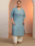 Plus Size Women Plus Size Women Cotton Blue V-Neck Kurta | KDG - view 1