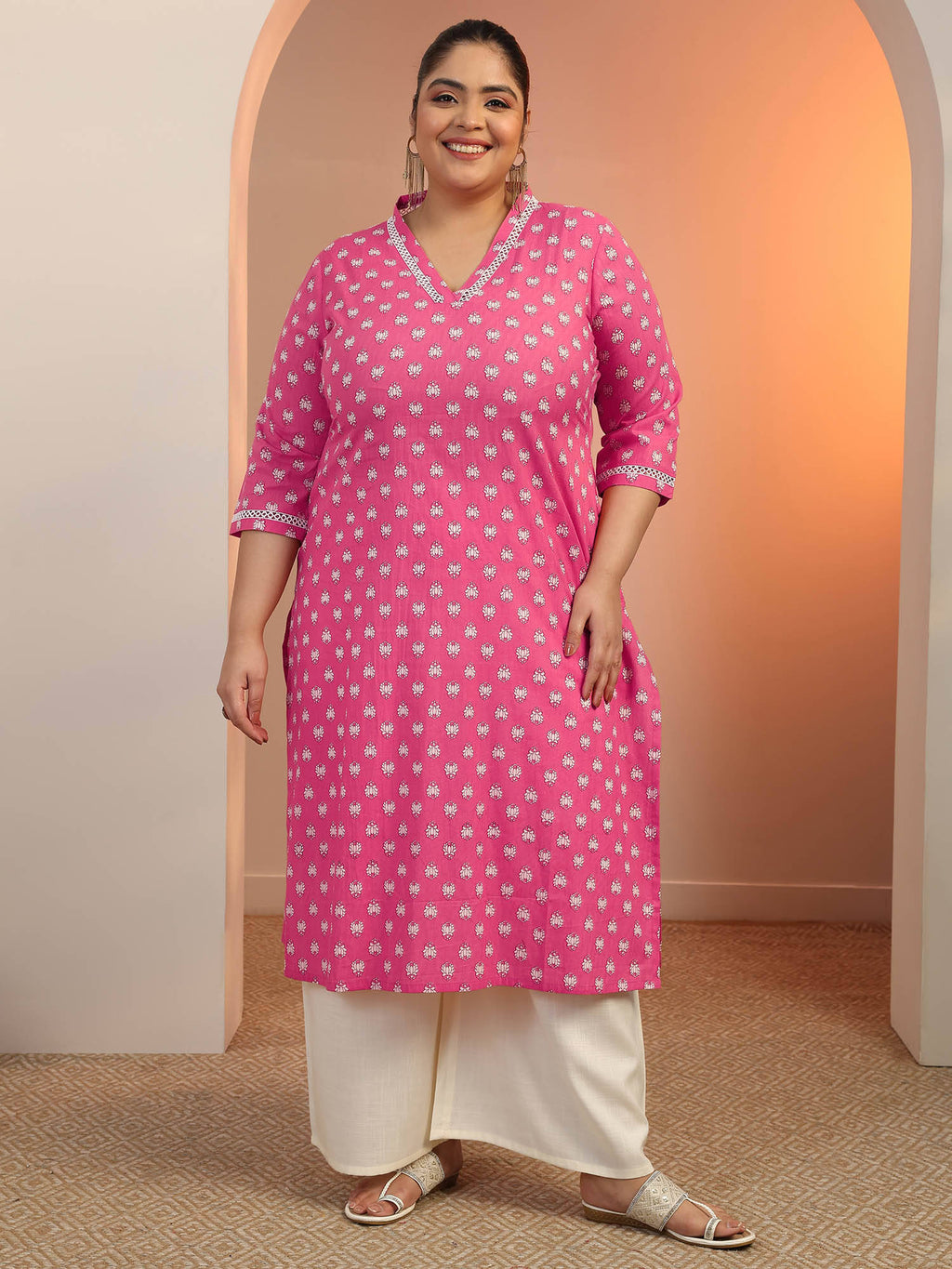 Plus Size Women Plus Size Women Cotton Blue V-Neck Kurta | KDG - view 7