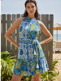 Blue Sleeveless Floral Round Neck Flared Dress | D56 - view 1