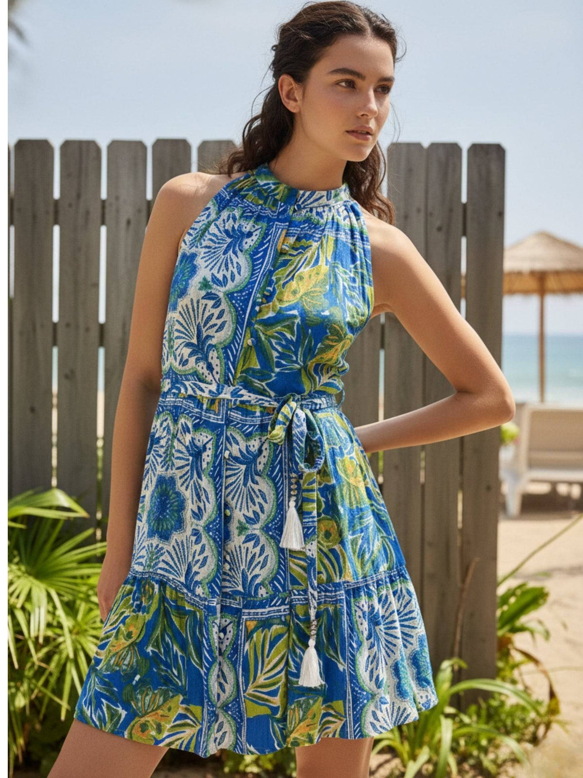 Blue Sleeveless Floral Round Neck Flared Dress | D56 - view 5