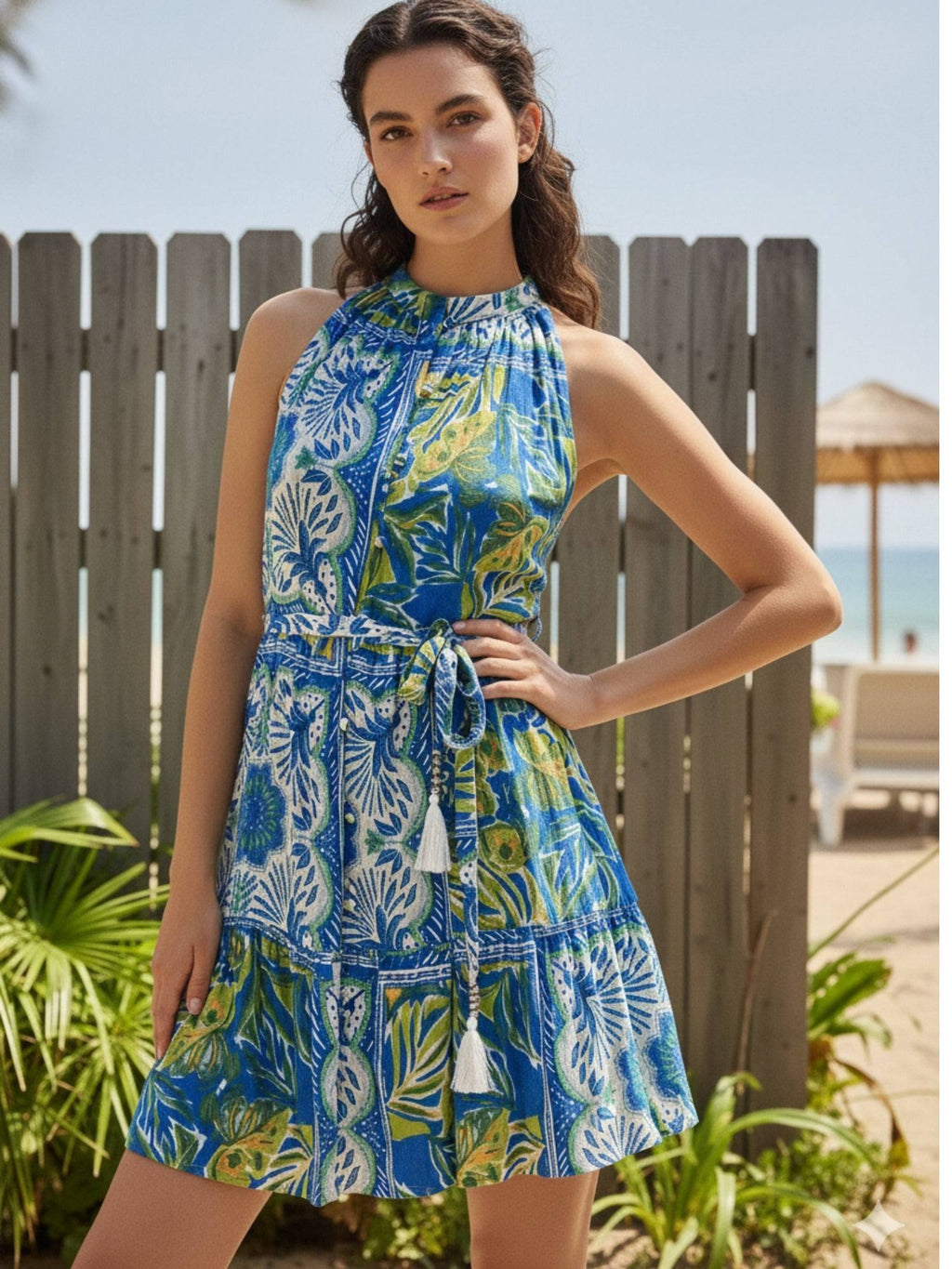 Blue Sleeveless Floral Round Neck Flared Dress | D56 - view 6