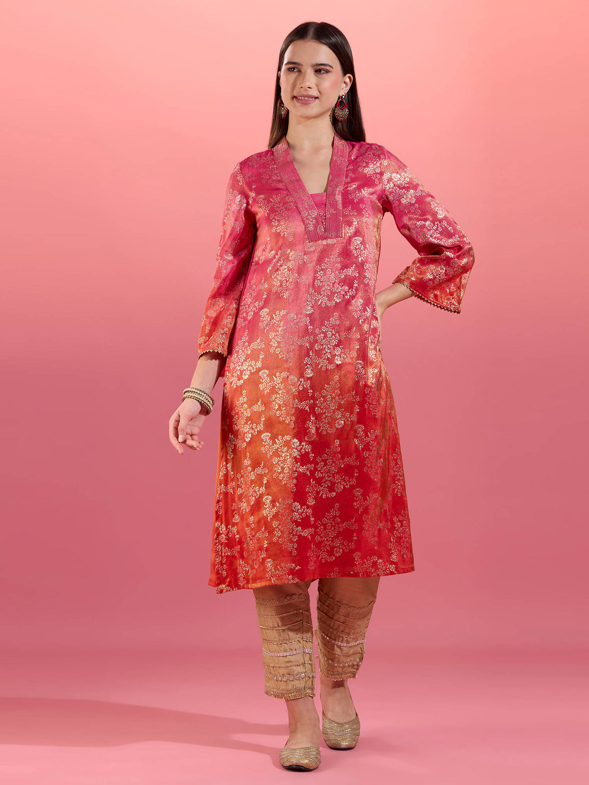 Fuchsia Pink Chanderi Kurta With Gold Foil Print Eastern Souk | KDG - view 1