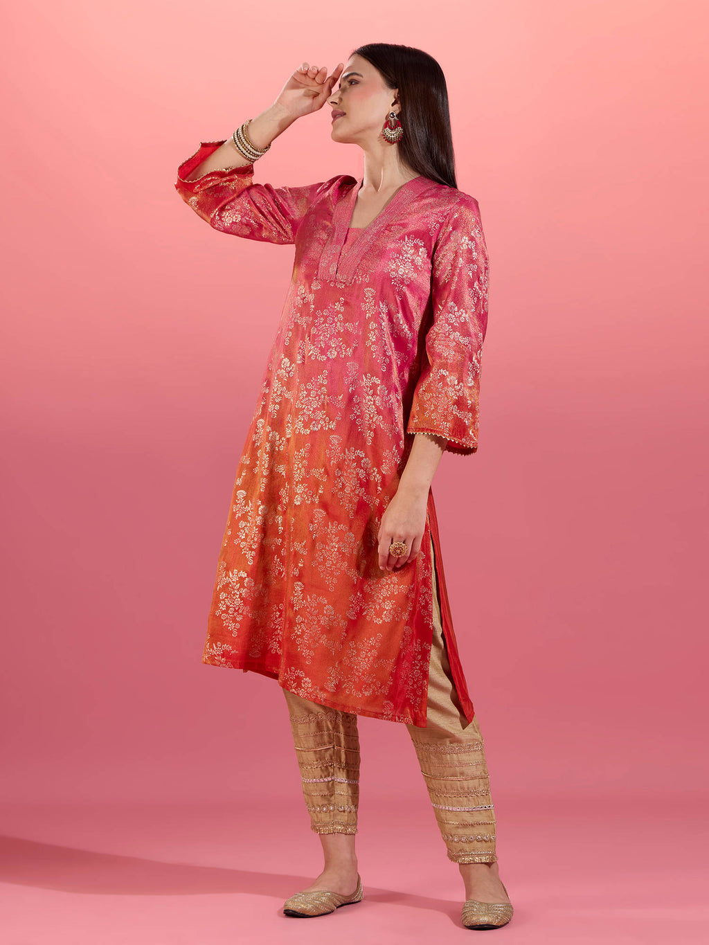 Fuchsia Pink Chanderi Kurta With Gold Foil Print Eastern Souk | KDG - view 10