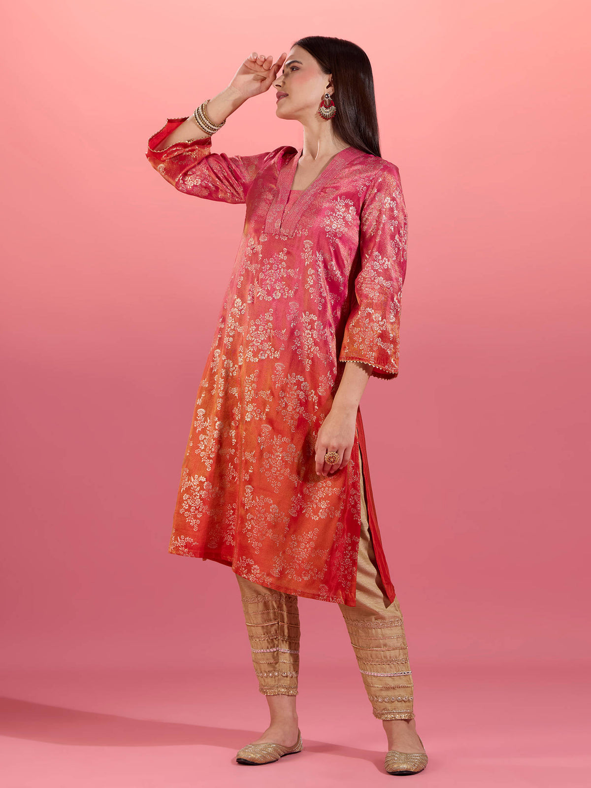 Fuchsia Pink Chanderi Kurta With Gold Foil Print Eastern Souk | KDG - view 10