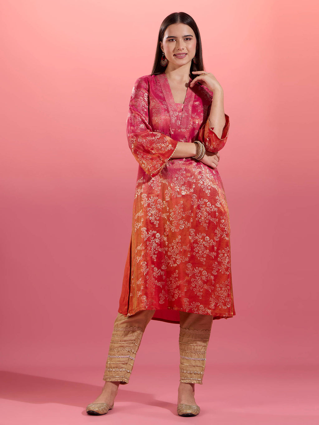Fuchsia Pink Chanderi Kurta With Gold Foil Print Eastern Souk | KDG - view 11