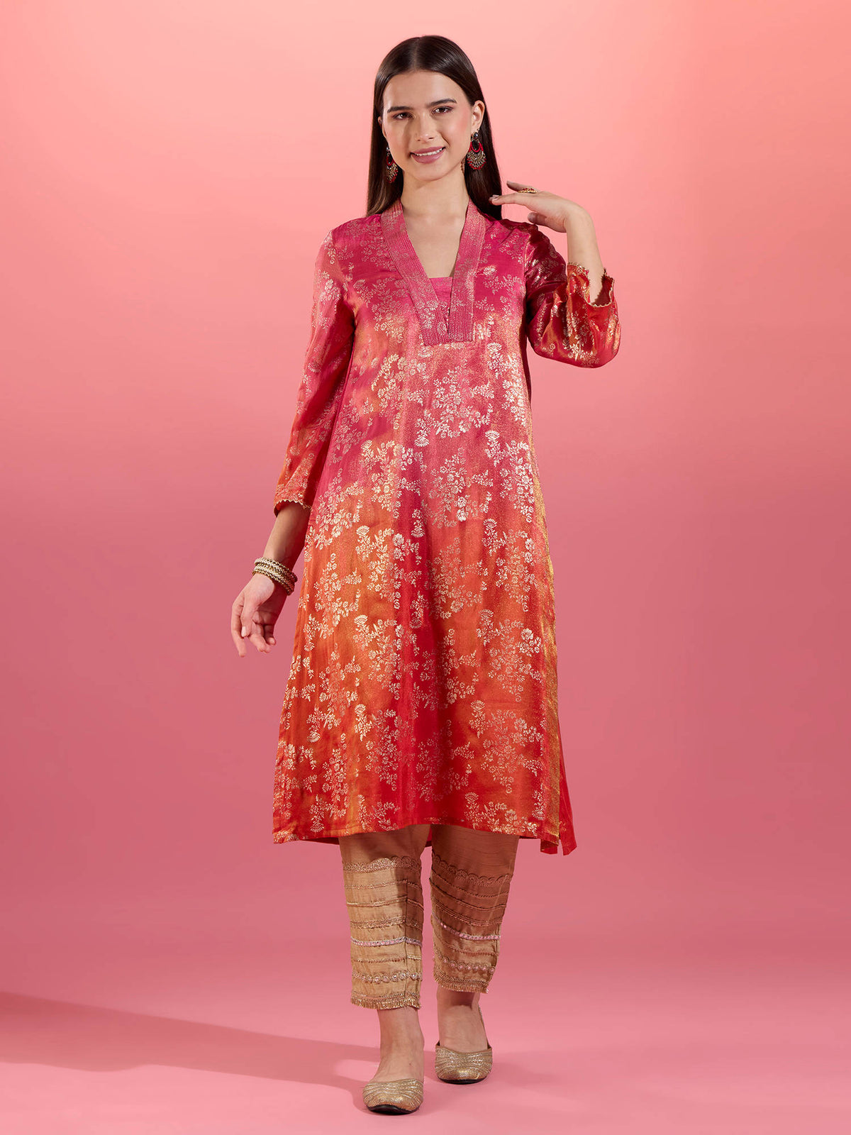 Fuchsia Pink Chanderi Kurta With Gold Foil Print Eastern Souk | KDG - view 12
