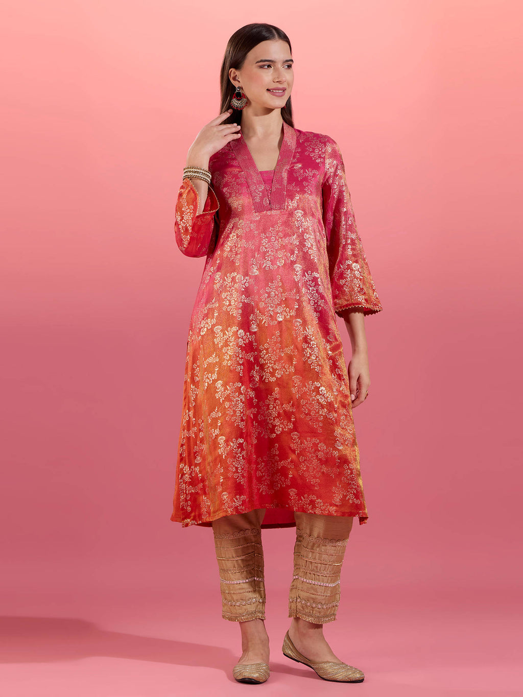 Fuchsia Pink Chanderi Kurta With Gold Foil Print Eastern Souk | KDG - view 2