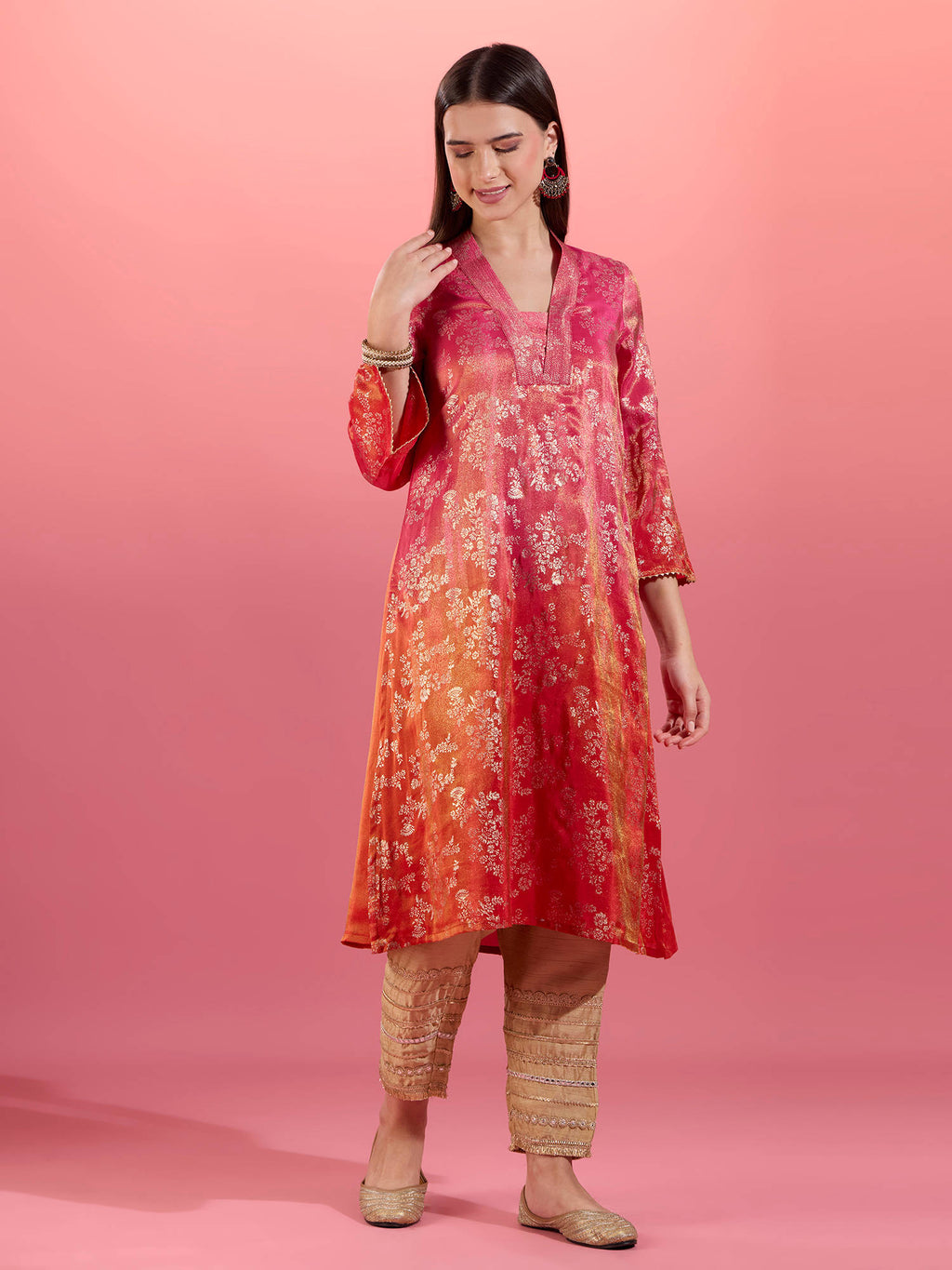 Fuchsia Pink Chanderi Kurta With Gold Foil Print Eastern Souk | KDG - view 3