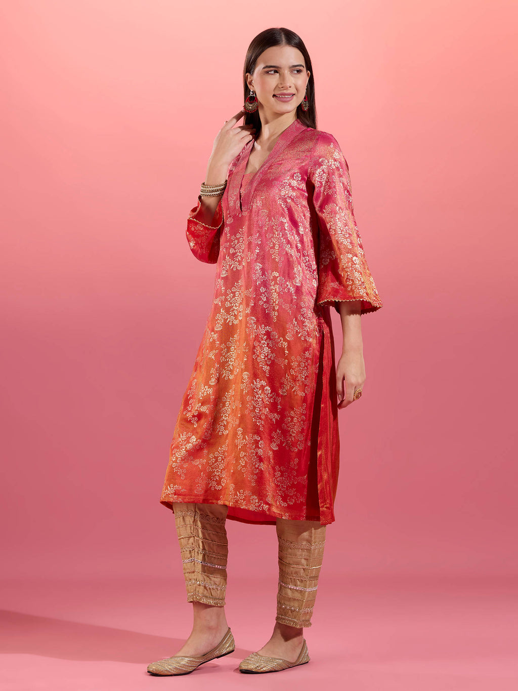Fuchsia Pink Chanderi Kurta With Gold Foil Print Eastern Souk | KDG - view 4