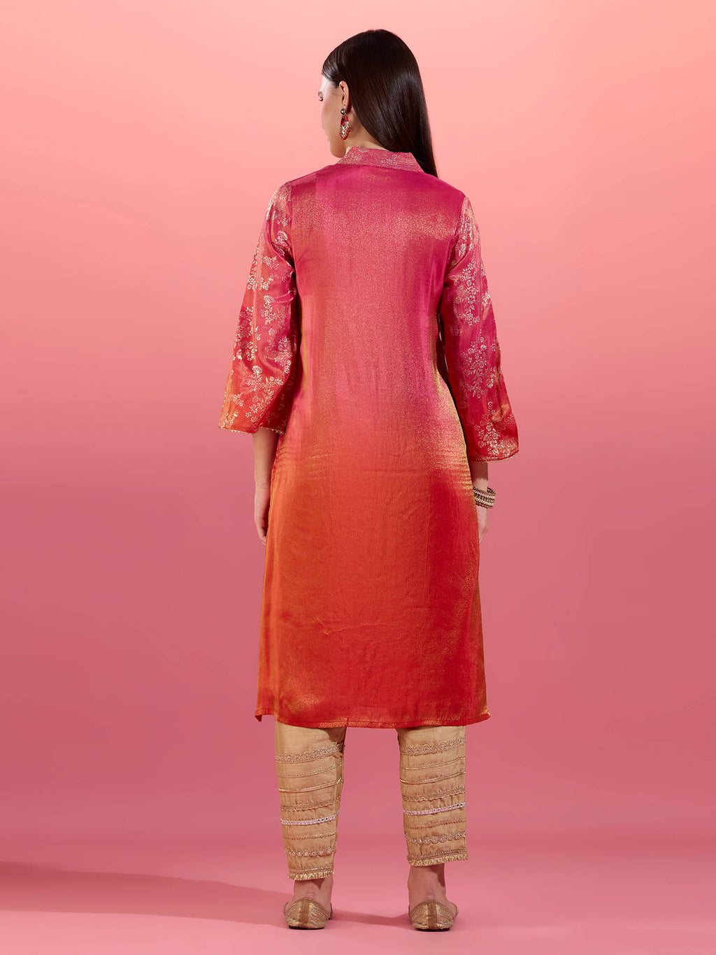 Fuchsia Pink Chanderi Kurta With Gold Foil Print Eastern Souk | KDG - view 5