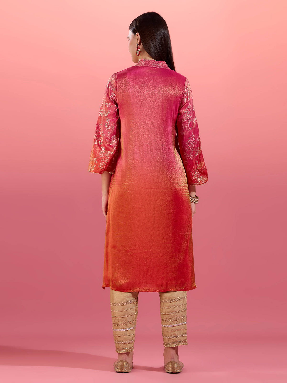 Fuchsia Pink Chanderi Kurta With Gold Foil Print Eastern Souk | KDG - view 5