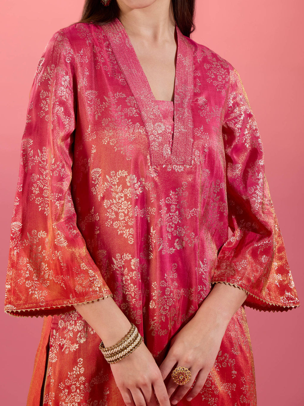 Fuchsia Pink Chanderi Kurta With Gold Foil Print Eastern Souk | KDG - view 6
