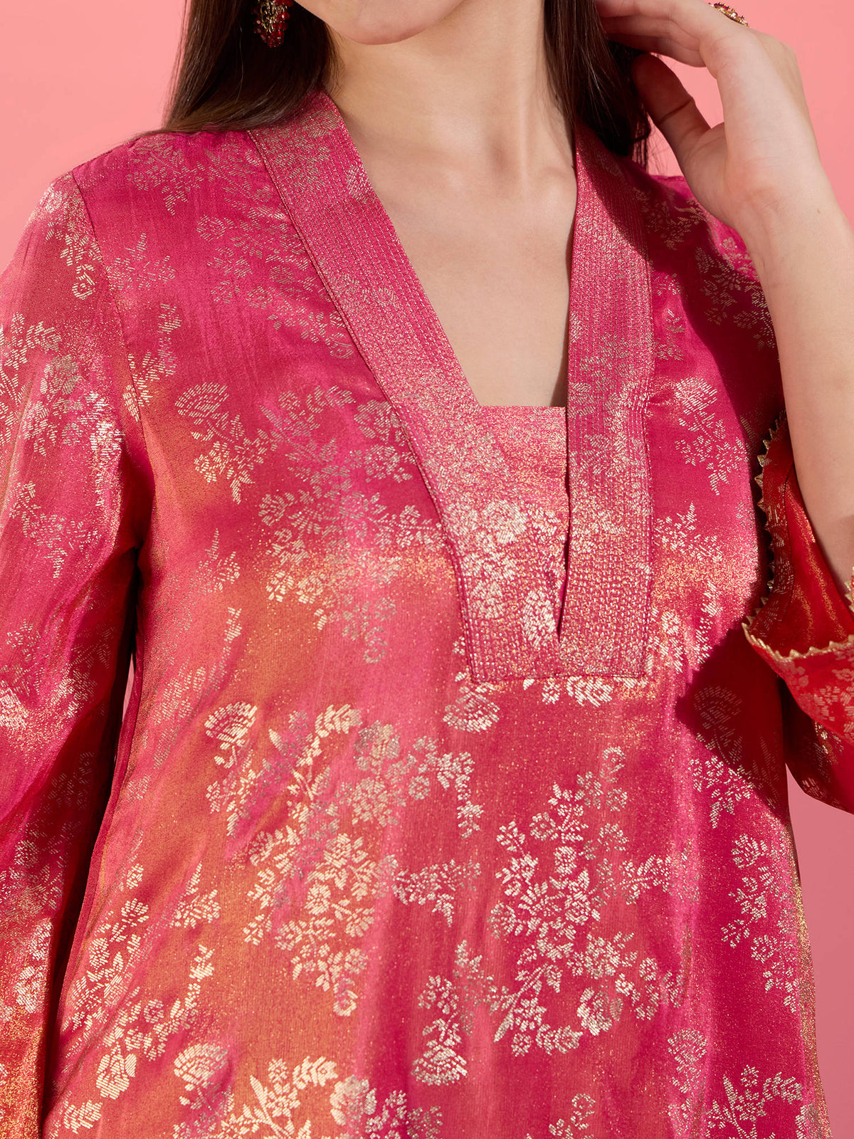 Fuchsia Pink Chanderi Kurta With Gold Foil Print Eastern Souk | KDG - view 7