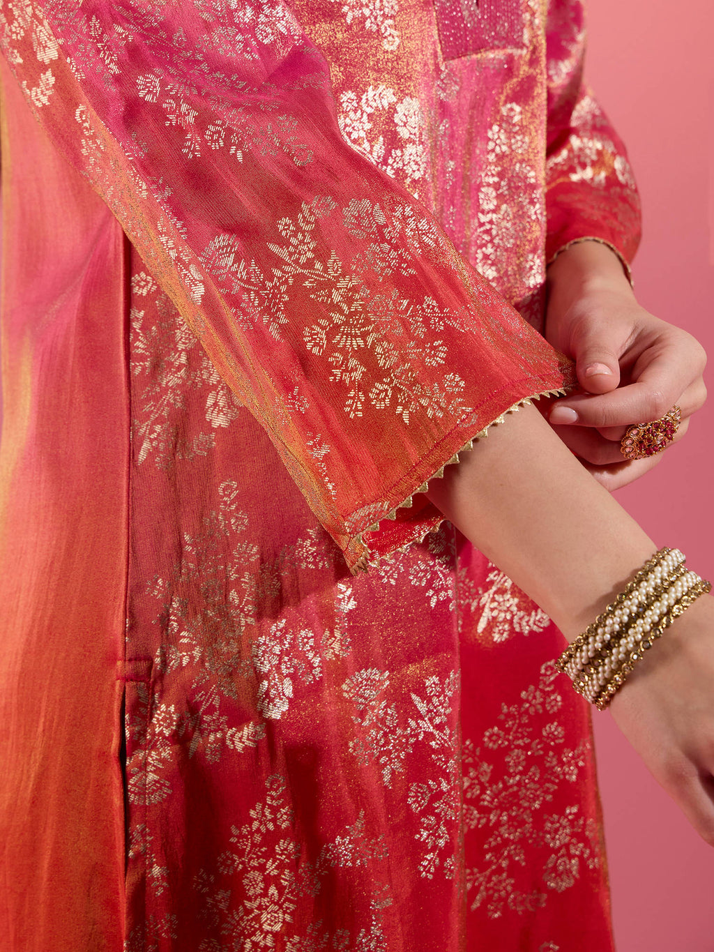 Fuchsia Pink Chanderi Kurta With Gold Foil Print Eastern Souk | KDG - view 8