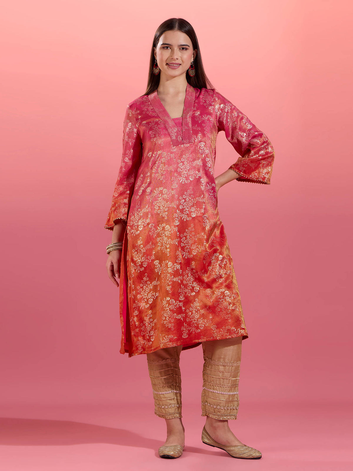 Fuchsia Pink Chanderi Kurta With Gold Foil Print Eastern Souk | KDG - view 9