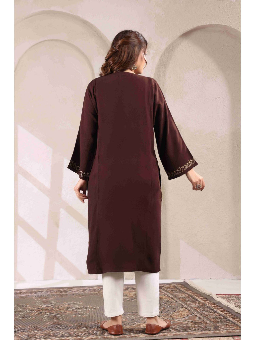 Brown Zari Embroidery Kashmiri Pheran Kurta | U3S - view 3