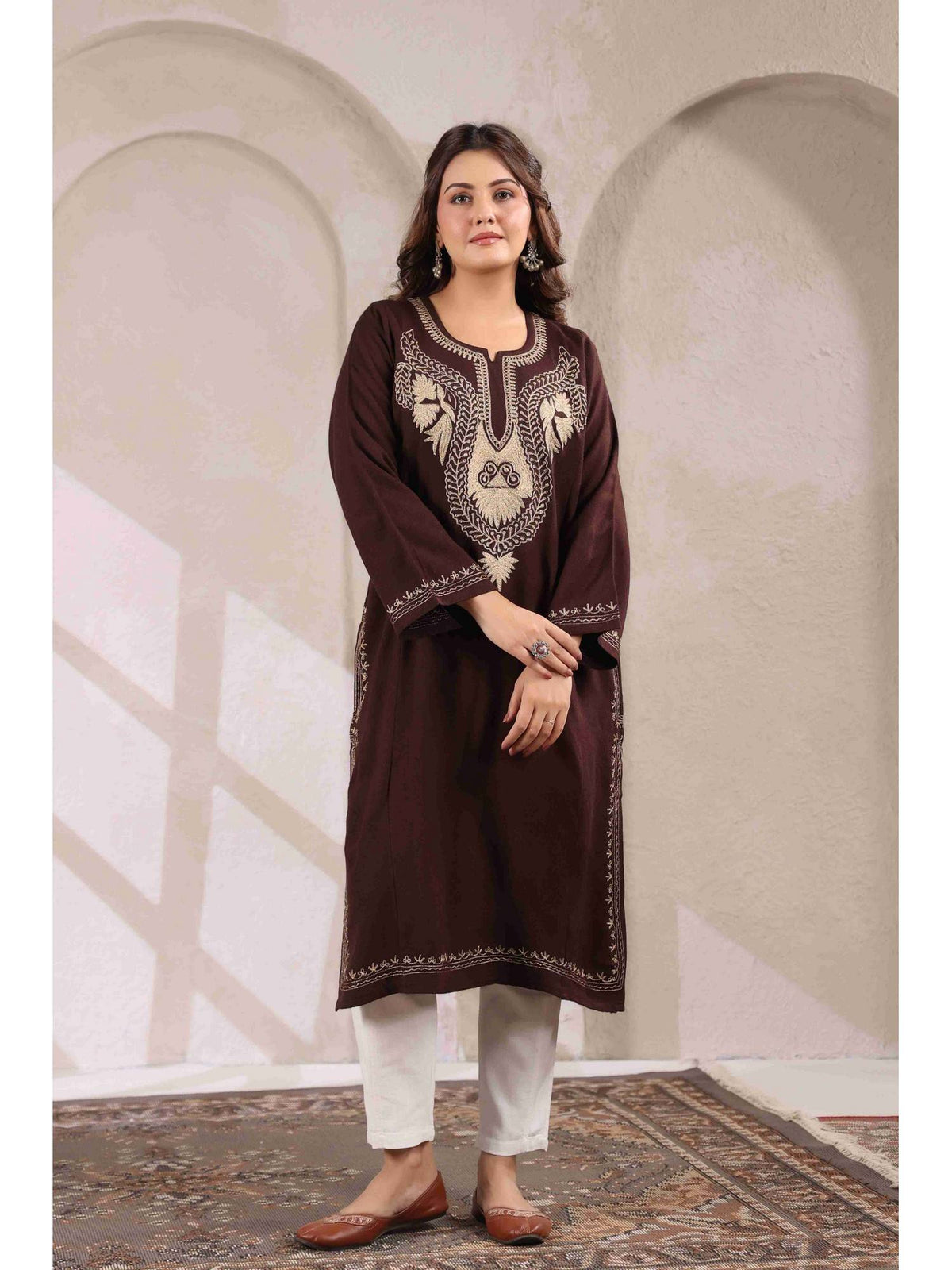 Brown Zari Embroidery Kashmiri Pheran Kurta | U3S - view 6