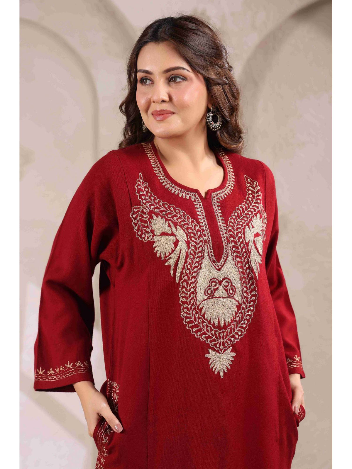 Brown Zari Embroidery Kashmiri Pheran Kurta | U3S - view 18
