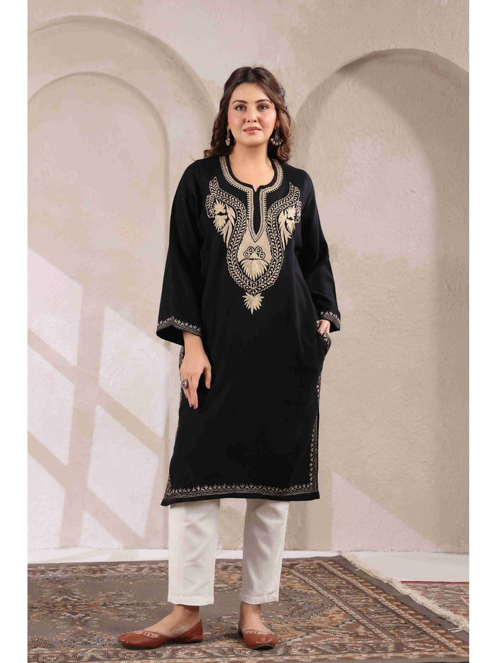 Black Zari Embroidery Kashmiri Pheran Kurta | U3S - view 1