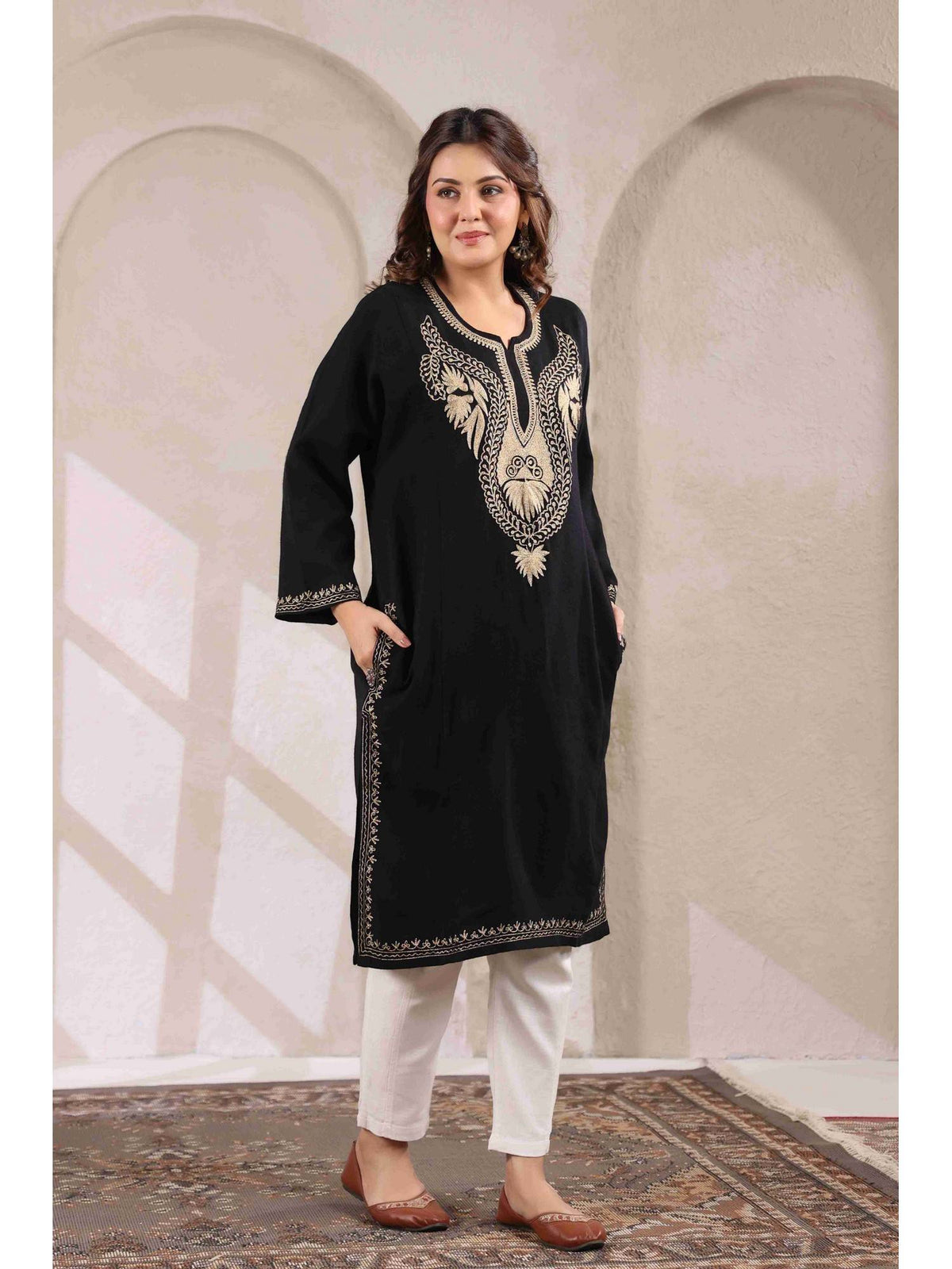 Black Zari Embroidery Kashmiri Pheran Kurta | FY93 - view 2