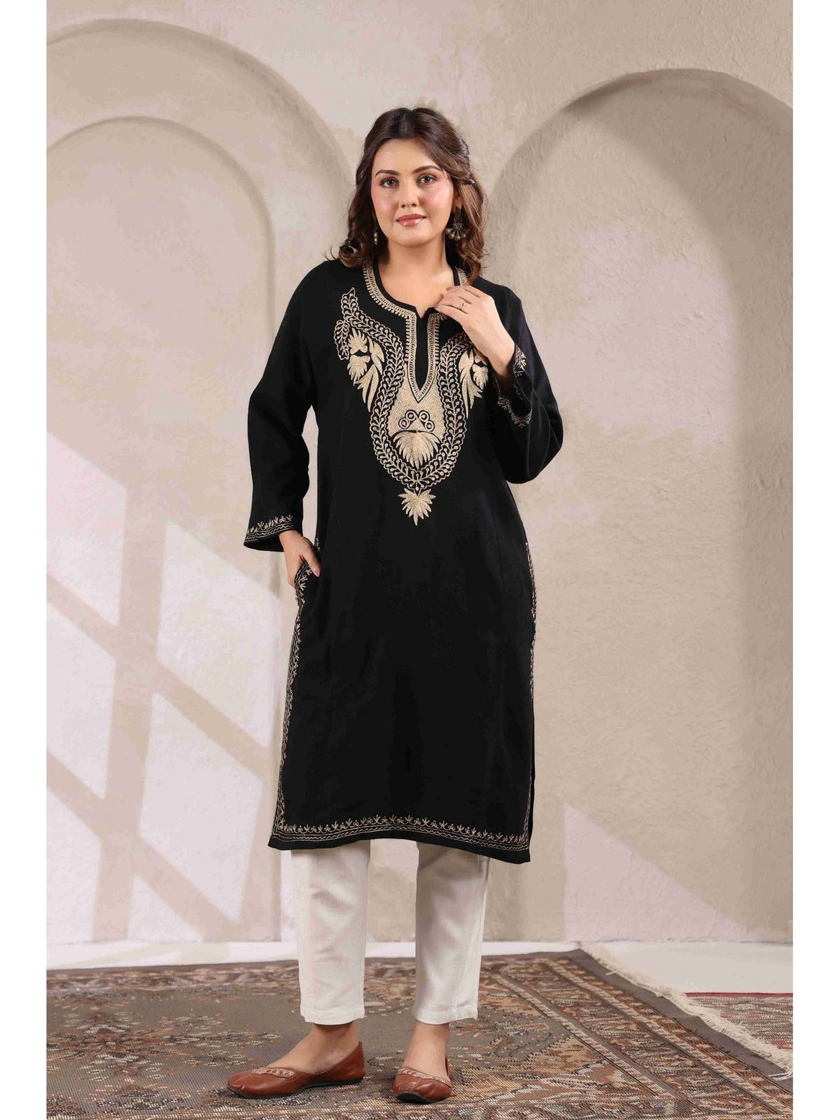 Black Zari Embroidery Kashmiri Pheran Kurta | FY93 - view 4