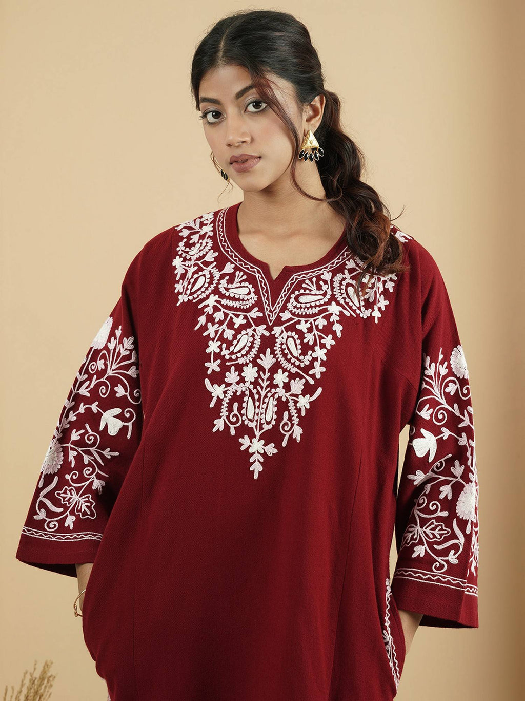 Floral Black Aari Embroidery Kashmiri Pheran Kurta | KDG - view 8