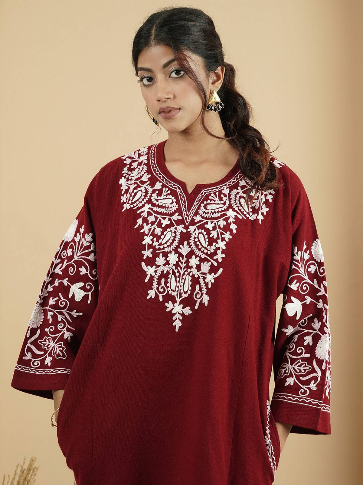 Floral Black Aari Embroidery Kashmiri Pheran Kurta | KDG - view 8