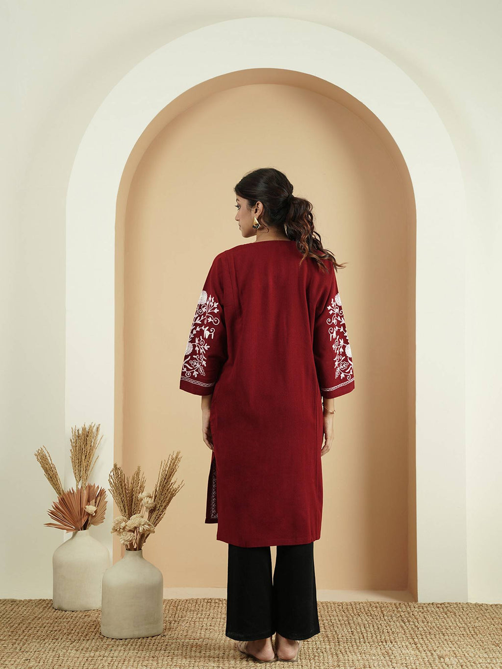 Floral Black Aari Embroidery Kashmiri Pheran Kurta | KDG - view 9